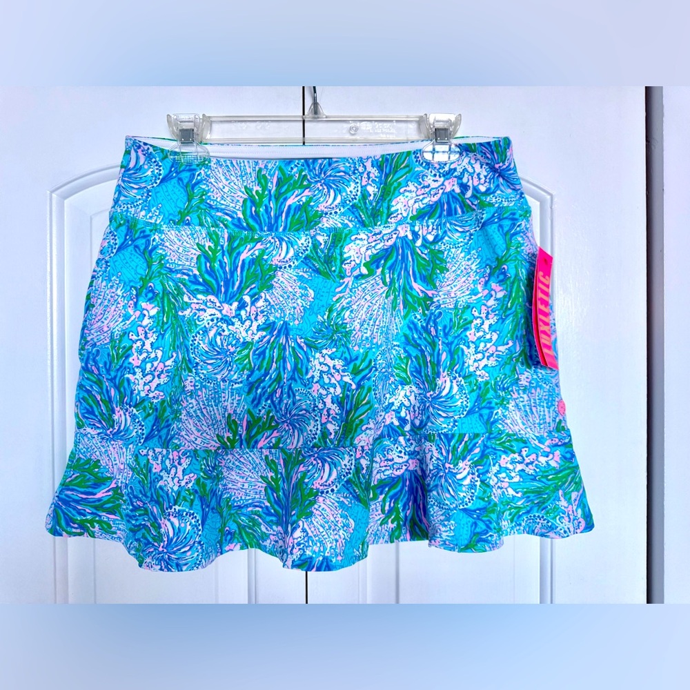 Lilly Pulitzer Luxletic Meryl Skort Ruffle Hem Blue Green Pink Print Large NWT